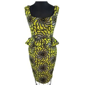 VINTAGE Retro Women's Green Black Floral Abstract Square Neck Peplum Dress XS S